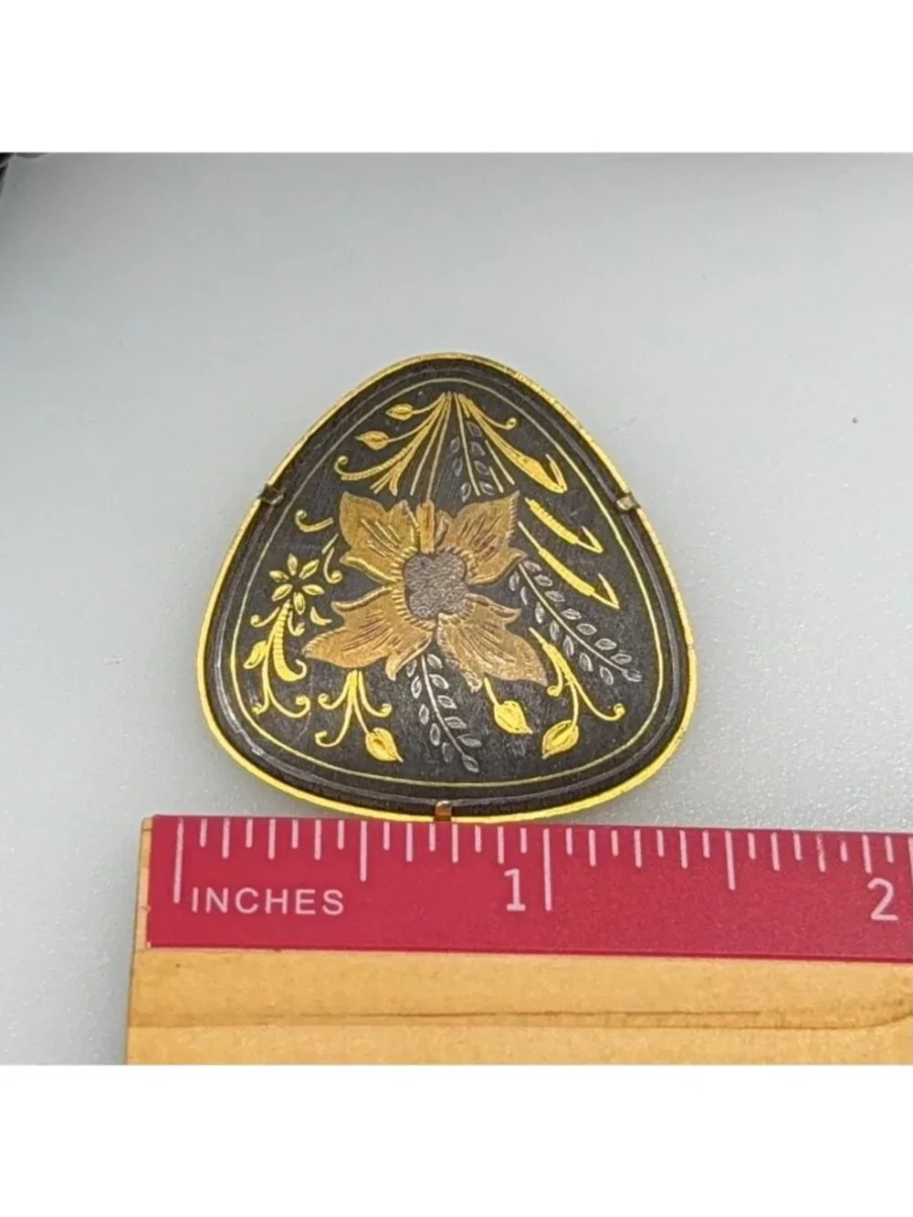 Vintage Toledoware / Damascene Gold & Black Metal Triangular Floral Brooch